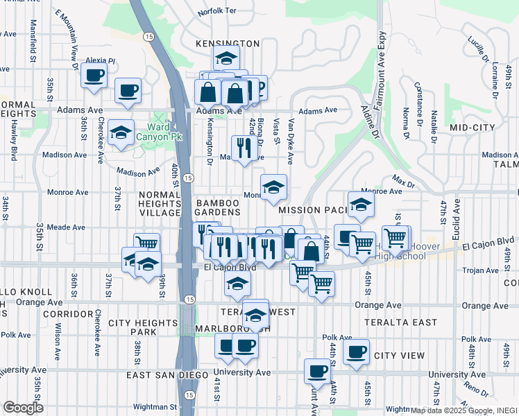map of restaurants, bars, coffee shops, grocery stores, and more near 4458 Copeland Avenue in San Diego