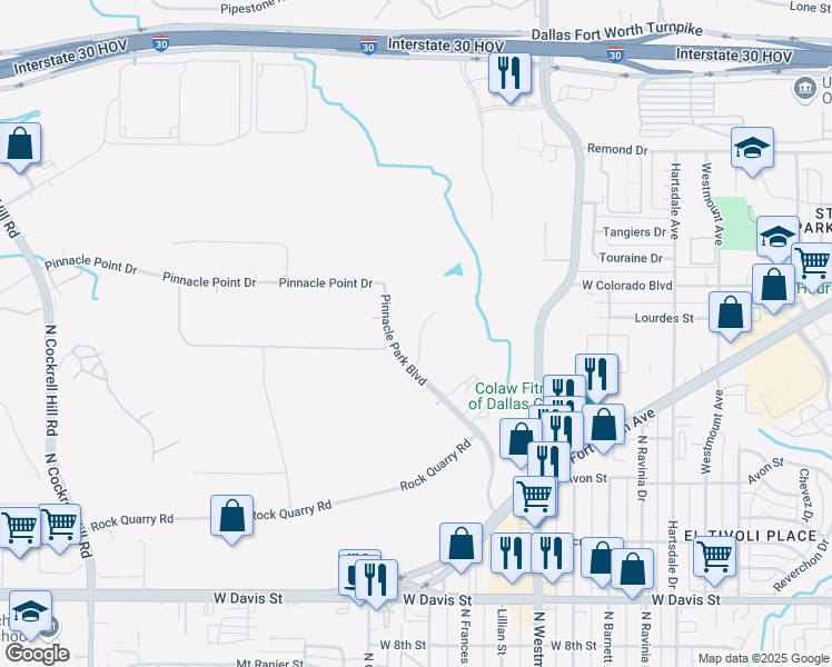 map of restaurants, bars, coffee shops, grocery stores, and more near 3757 Falls Bluff Drive in Dallas