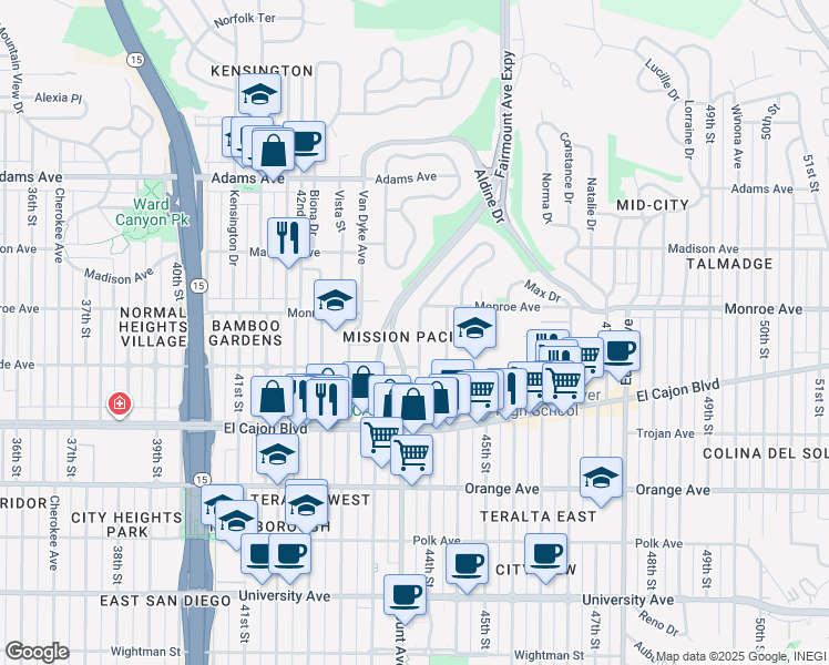 map of restaurants, bars, coffee shops, grocery stores, and more near 4424 44th Street in San Diego