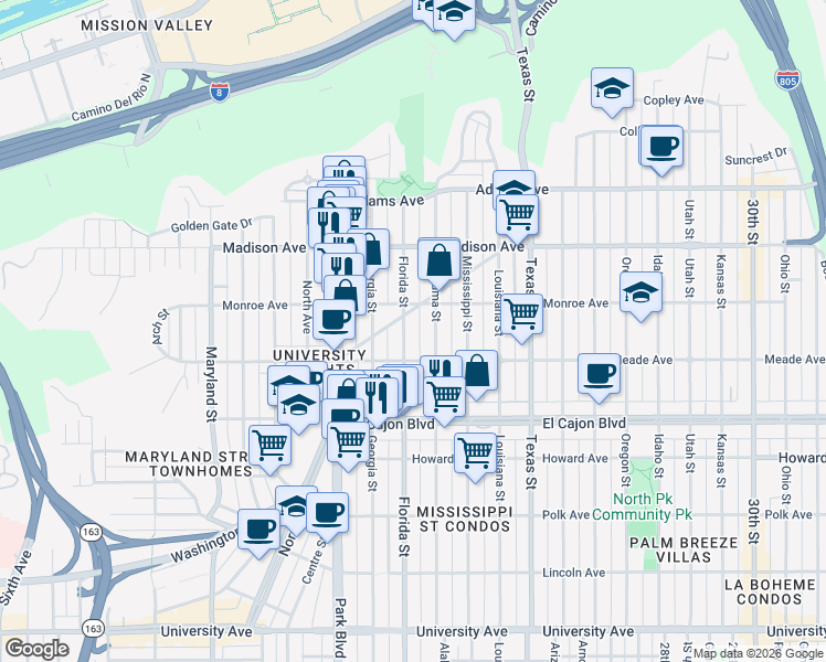 map of restaurants, bars, coffee shops, grocery stores, and more near 4456 Florida Street in San Diego