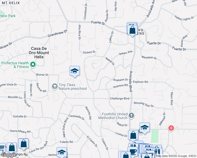 map of restaurants, bars, coffee shops, grocery stores, and more near 10608 Anaheim Drive in La Mesa