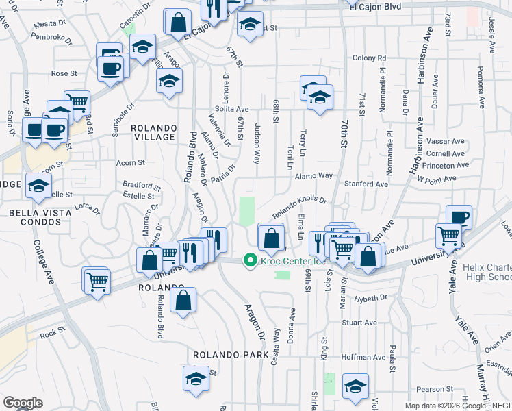map of restaurants, bars, coffee shops, grocery stores, and more near 6600 Vigo Drive in La Mesa