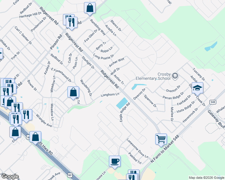 map of restaurants, bars, coffee shops, grocery stores, and more near 153 Landsdale Drive in Forney