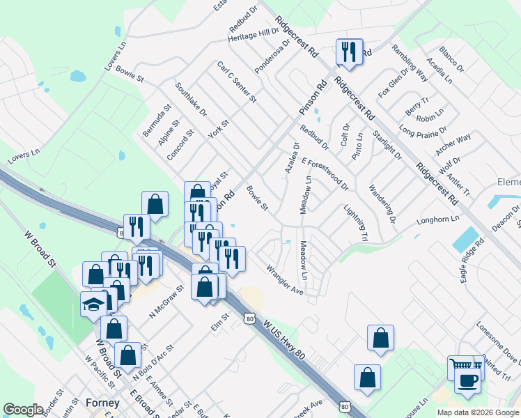 map of restaurants, bars, coffee shops, grocery stores, and more near 310 Bowie Street in Forney
