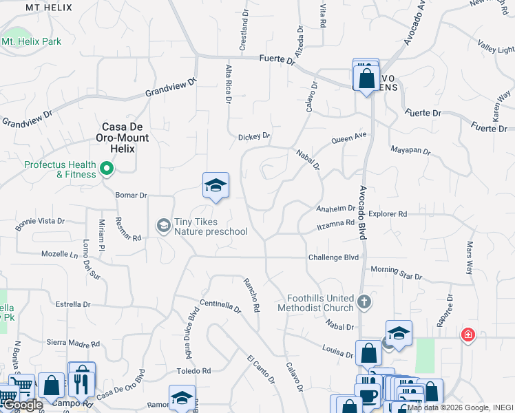 map of restaurants, bars, coffee shops, grocery stores, and more near 10502 Queen Avenue in La Mesa