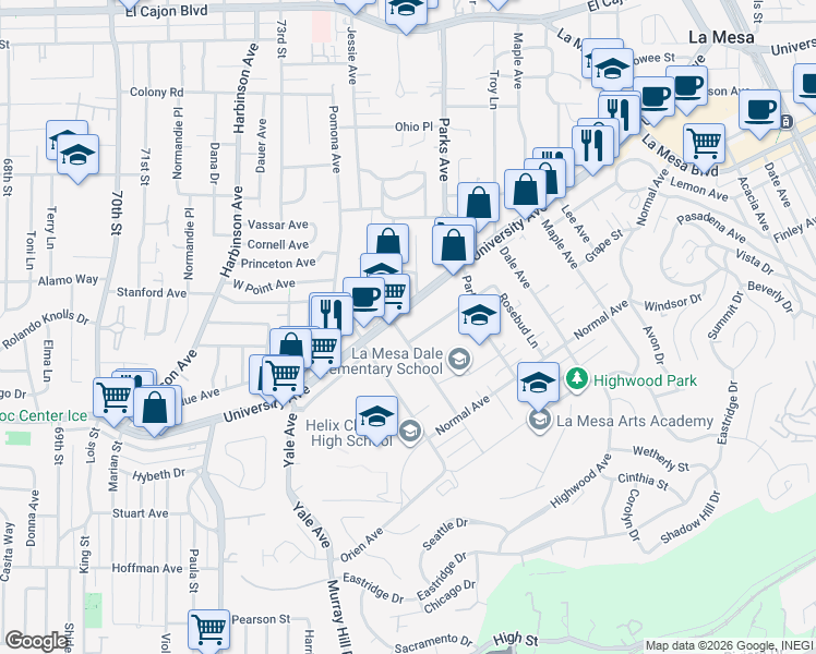 map of restaurants, bars, coffee shops, grocery stores, and more near 7500 University Avenue in La Mesa
