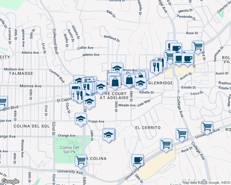 map of restaurants, bars, coffee shops, grocery stores, and more near 4500 56th Street in San Diego