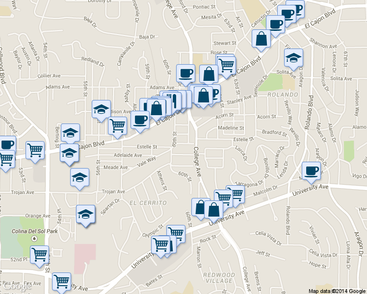map of restaurants, bars, coffee shops, grocery stores, and more near 6026 Estelle Street in San Diego