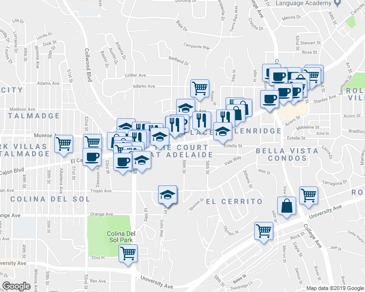 map of restaurants, bars, coffee shops, grocery stores, and more near 5545 El Cajon Boulevard in San Diego