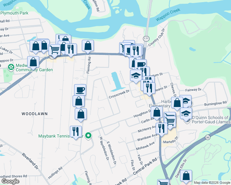 map of restaurants, bars, coffee shops, grocery stores, and more near 36 Crosscreek Drive in Charleston