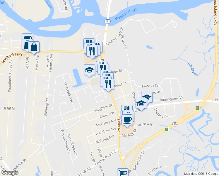 map of restaurants, bars, coffee shops, grocery stores, and more near 335 Folly Road in Charleston