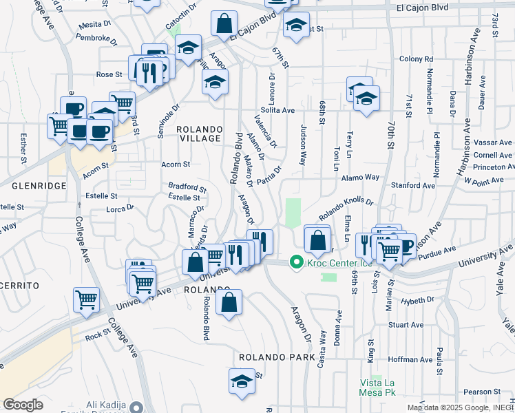 map of restaurants, bars, coffee shops, grocery stores, and more near 4458 Mataro Drive in San Diego
