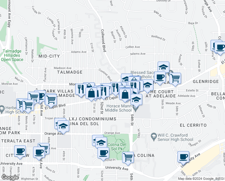 map of restaurants, bars, coffee shops, grocery stores, and more near 4463 Dawson Avenue in San Diego