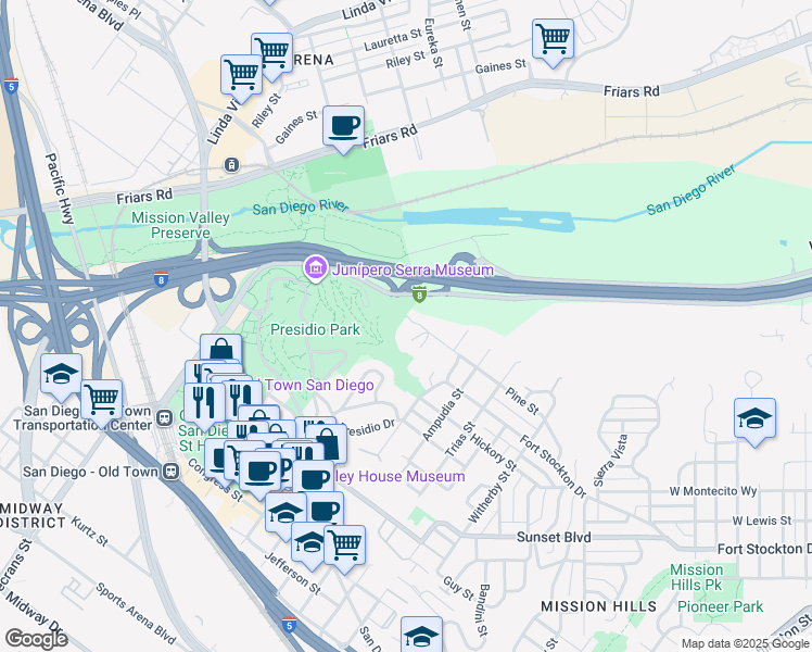 map of restaurants, bars, coffee shops, grocery stores, and more near 2490 Pine Street in San Diego