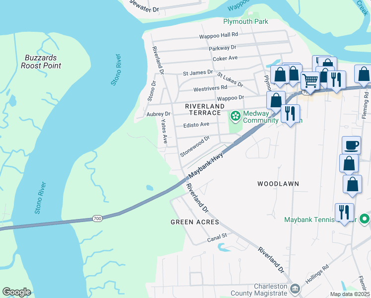 map of restaurants, bars, coffee shops, grocery stores, and more near 310 Riverland Drive in Charleston