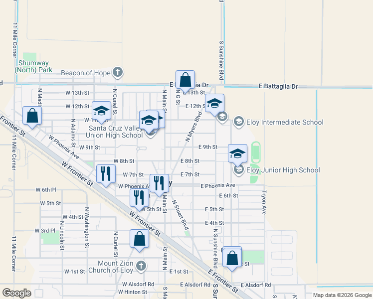 map of restaurants, bars, coffee shops, grocery stores, and more near 114 East 9th Street in Eloy