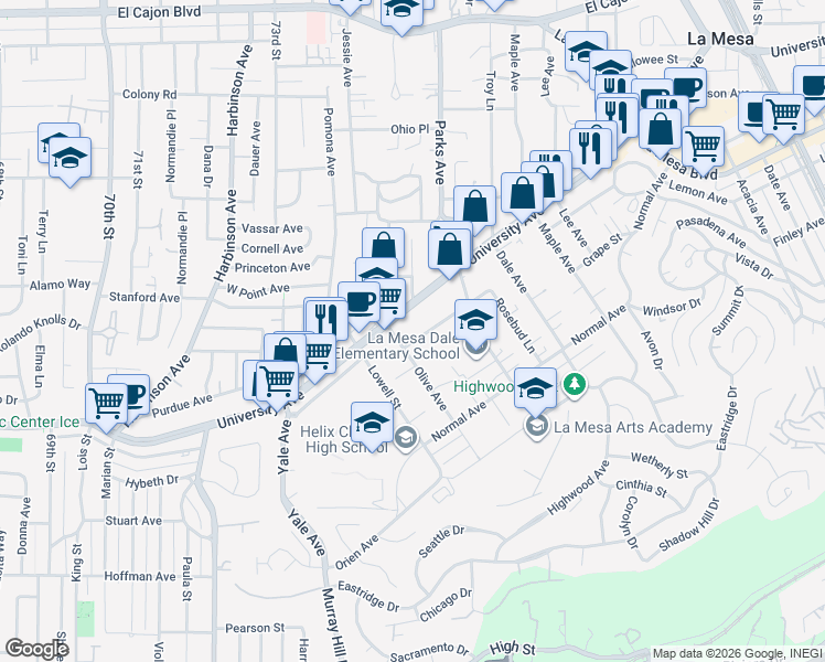 map of restaurants, bars, coffee shops, grocery stores, and more near 7518 Sturgess Avenue in La Mesa