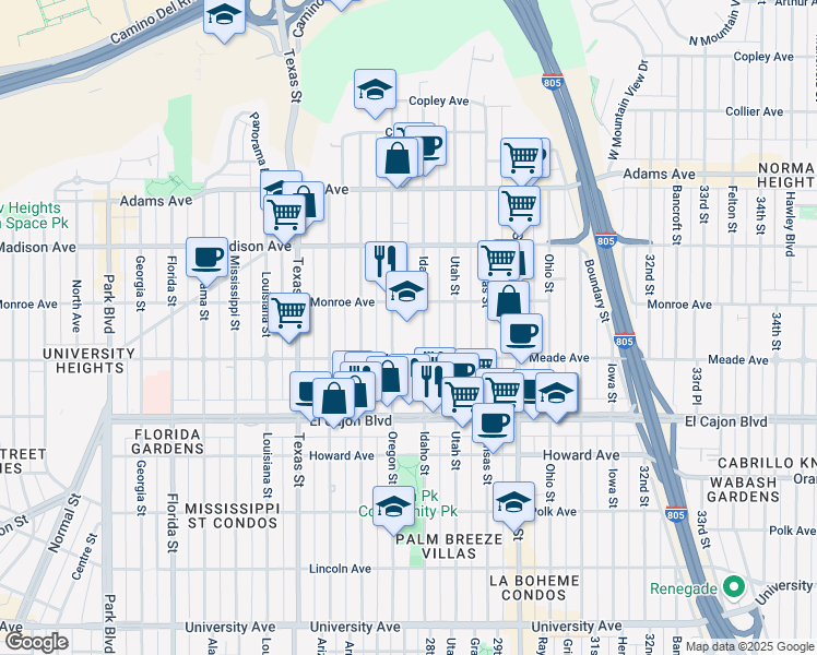 map of restaurants, bars, coffee shops, grocery stores, and more near 4487 Oregon Street in San Diego