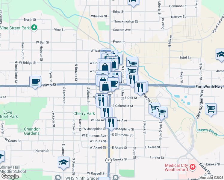 map of restaurants, bars, coffee shops, grocery stores, and more near 106 East Church Street in Weatherford