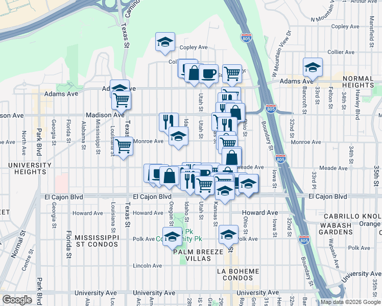 map of restaurants, bars, coffee shops, grocery stores, and more near 4463 Idaho Street in San Diego