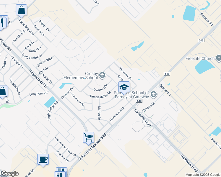 map of restaurants, bars, coffee shops, grocery stores, and more near 2108 Pecan Ridge Drive in Forney