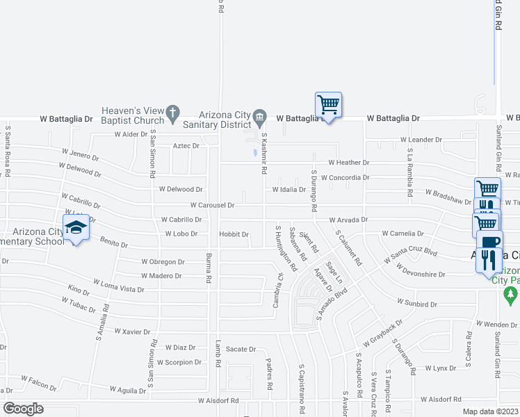 map of restaurants, bars, coffee shops, grocery stores, and more near 11001 West Carousel Drive in Arizona City