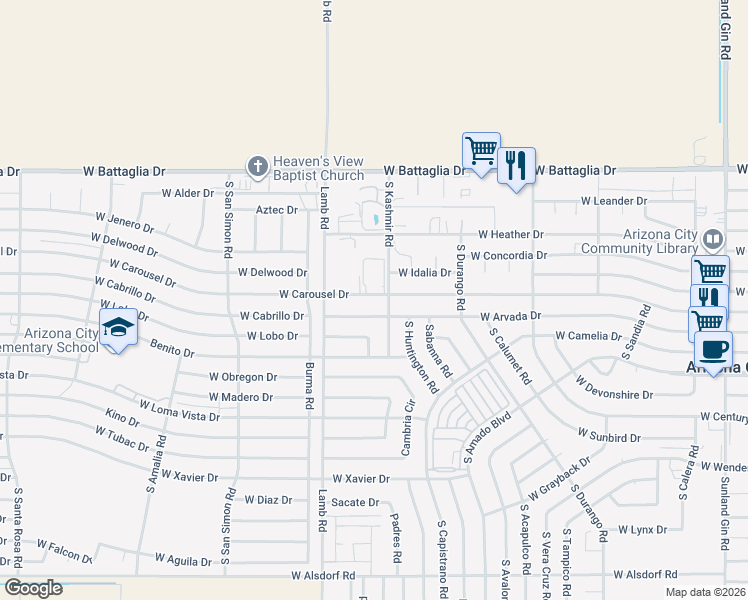 map of restaurants, bars, coffee shops, grocery stores, and more near 11119 West Carousel Drive in Arizona City