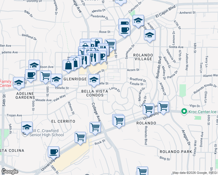 map of restaurants, bars, coffee shops, grocery stores, and more near 6201 Estelle Street in San Diego
