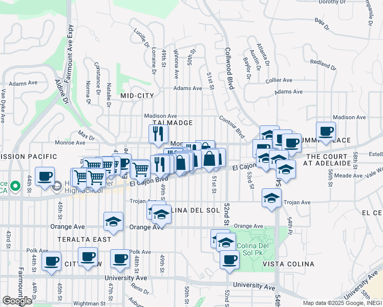 map of restaurants, bars, coffee shops, grocery stores, and more near 4461 50th Street in San Diego