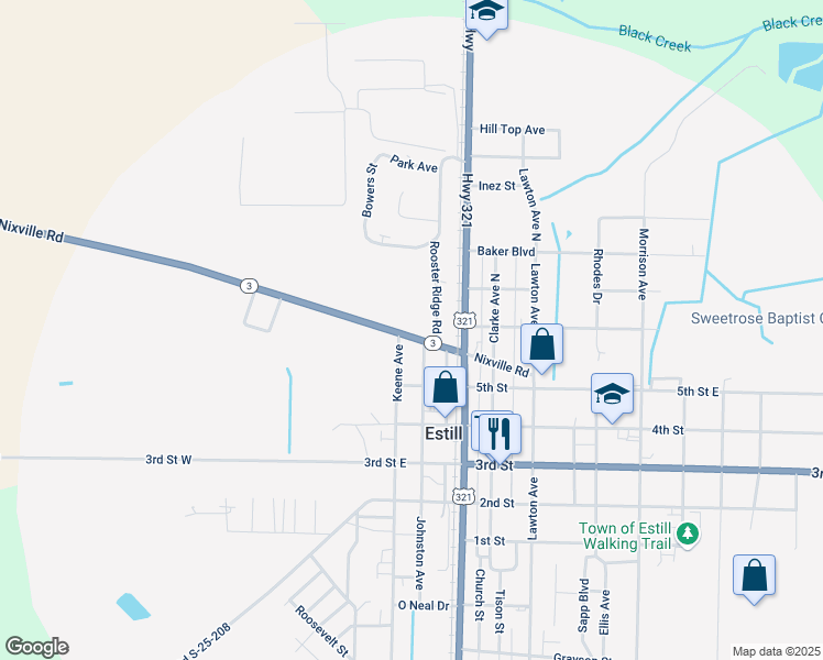 map of restaurants, bars, coffee shops, grocery stores, and more near 278 Nixville Road in Estill