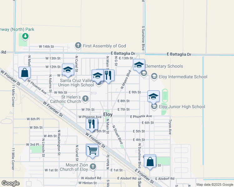 map of restaurants, bars, coffee shops, grocery stores, and more near 114 East 9th Street in Eloy