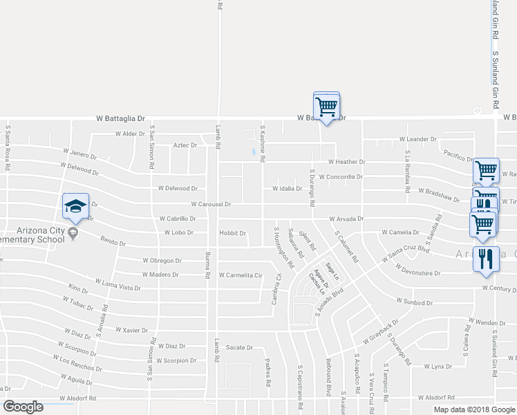 map of restaurants, bars, coffee shops, grocery stores, and more near 10948 West Carousel Drive in Arizona City