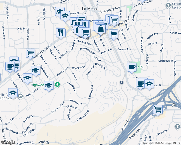 map of restaurants, bars, coffee shops, grocery stores, and more near 4373 Summit Drive in La Mesa