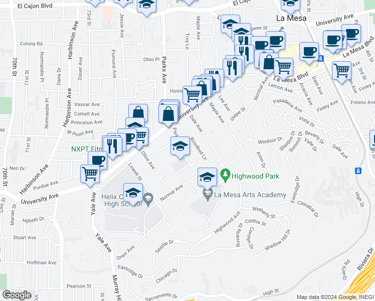 map of restaurants, bars, coffee shops, grocery stores, and more near 4406 Rosebud Lane in La Mesa