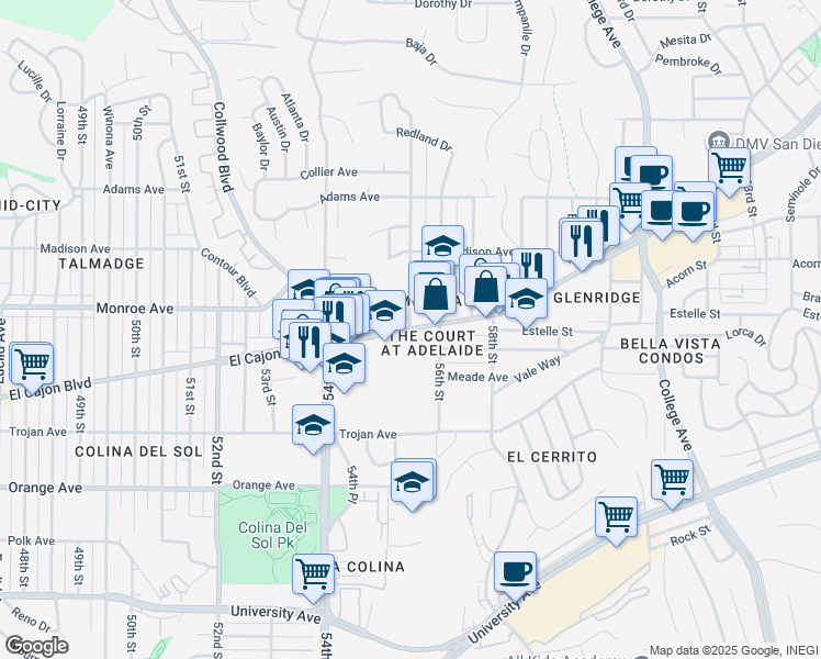 map of restaurants, bars, coffee shops, grocery stores, and more near 5480 El Cajon Boulevard in San Diego