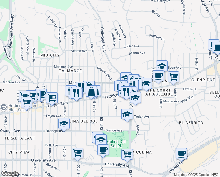 map of restaurants, bars, coffee shops, grocery stores, and more near 4463 Dawson Avenue in San Diego