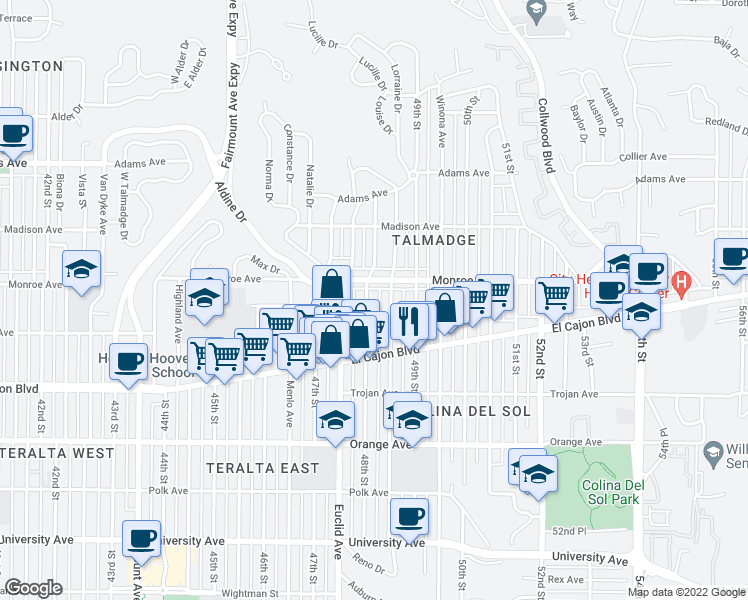 map of restaurants, bars, coffee shops, grocery stores, and more near 4496 1/2 48th Street in San Diego