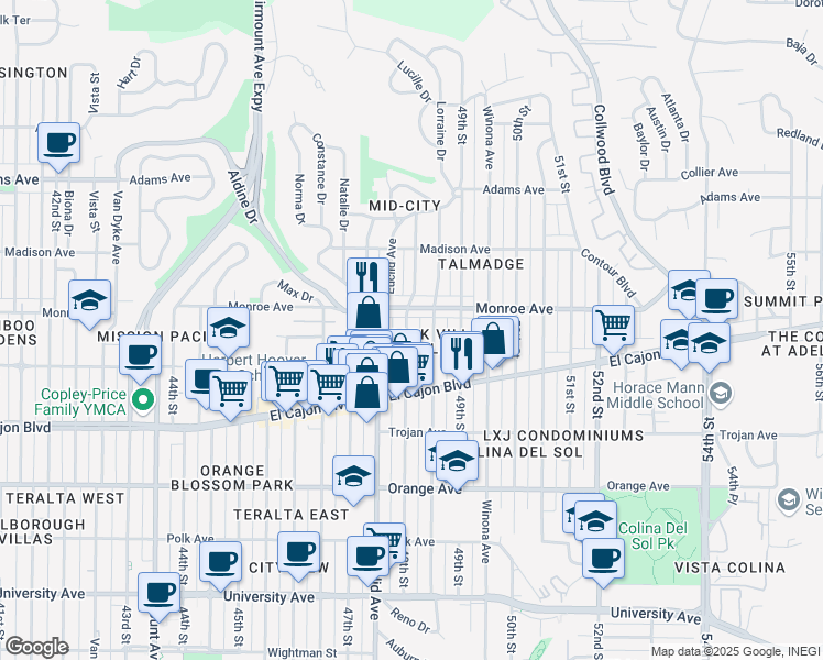 map of restaurants, bars, coffee shops, grocery stores, and more near 4496 1/2 48th Street in San Diego