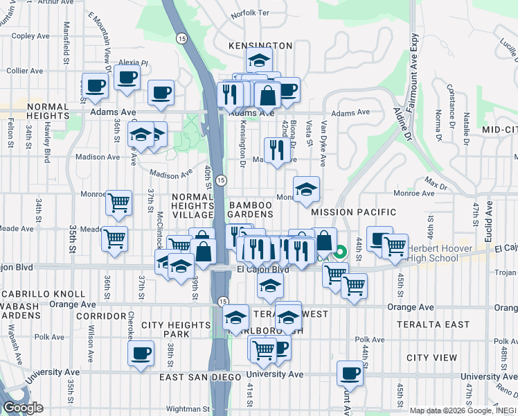 map of restaurants, bars, coffee shops, grocery stores, and more near 4476 Marlborough Avenue in San Diego