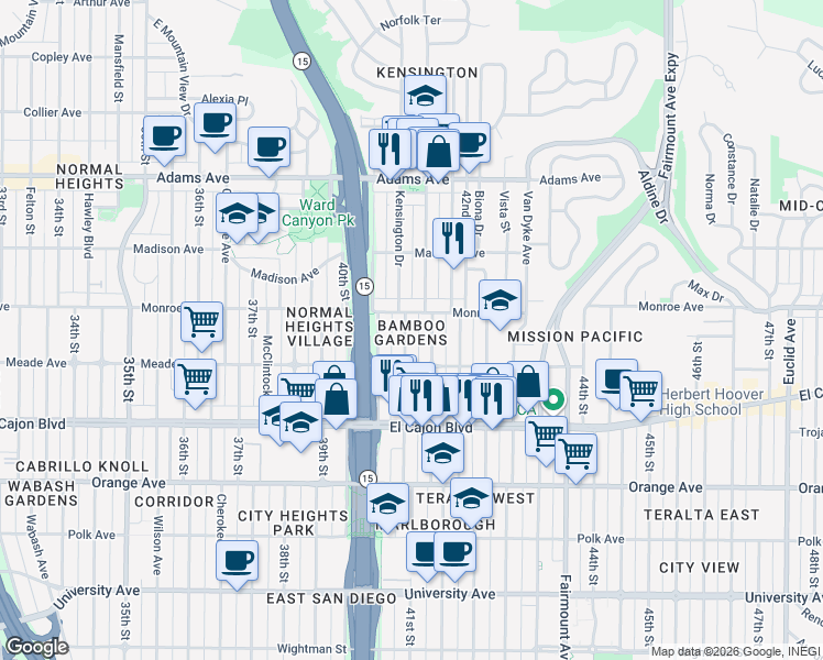 map of restaurants, bars, coffee shops, grocery stores, and more near 4476 Marlborough Avenue in San Diego