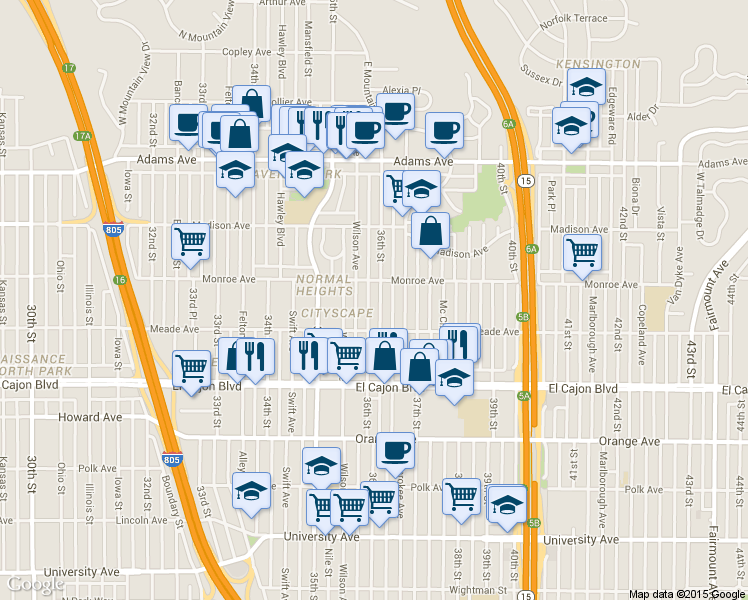 map of restaurants, bars, coffee shops, grocery stores, and more near 4468 36th Street in San Diego