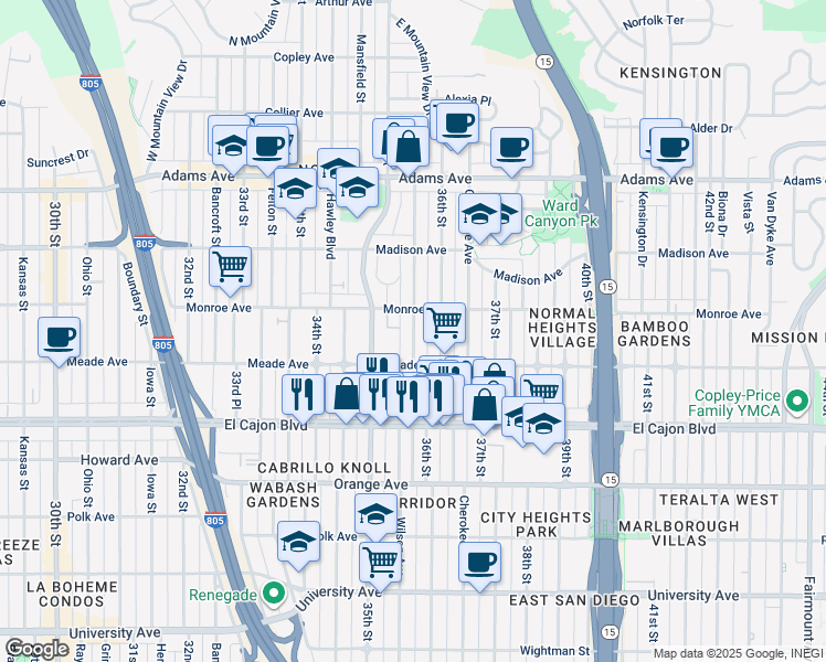 map of restaurants, bars, coffee shops, grocery stores, and more near 3535 Monroe Avenue in San Diego
