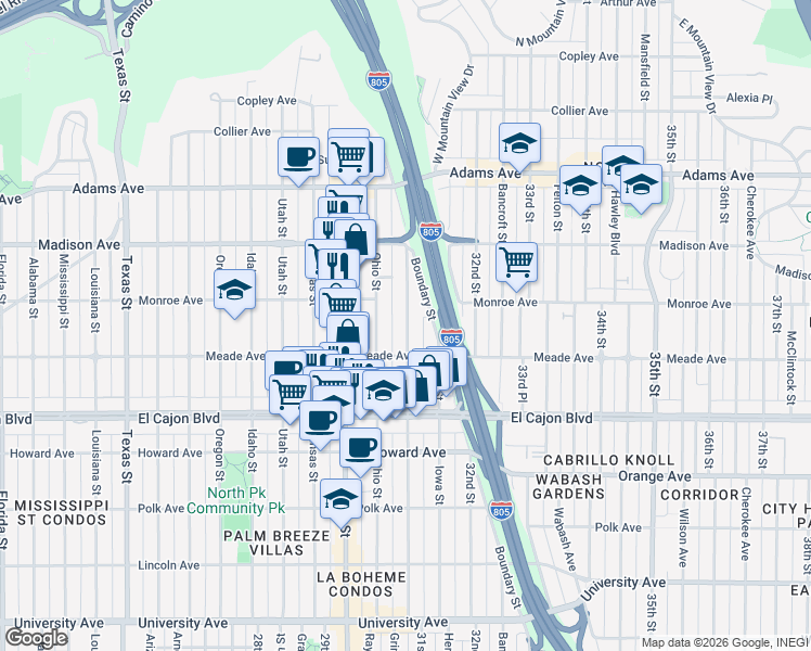 map of restaurants, bars, coffee shops, grocery stores, and more near 4457 Illinois Street in San Diego