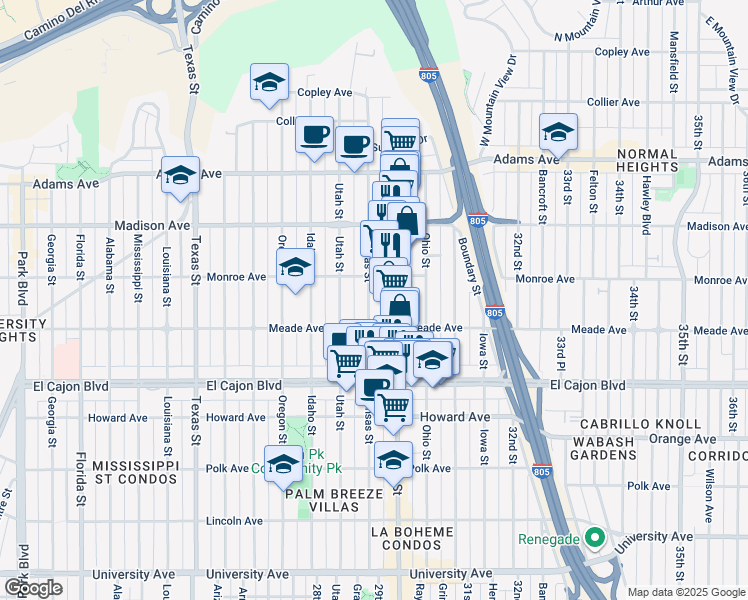 map of restaurants, bars, coffee shops, grocery stores, and more near 4464 30th Street in San Diego