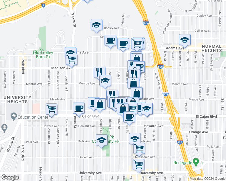 map of restaurants, bars, coffee shops, grocery stores, and more near 4465 Idaho Street in San Diego