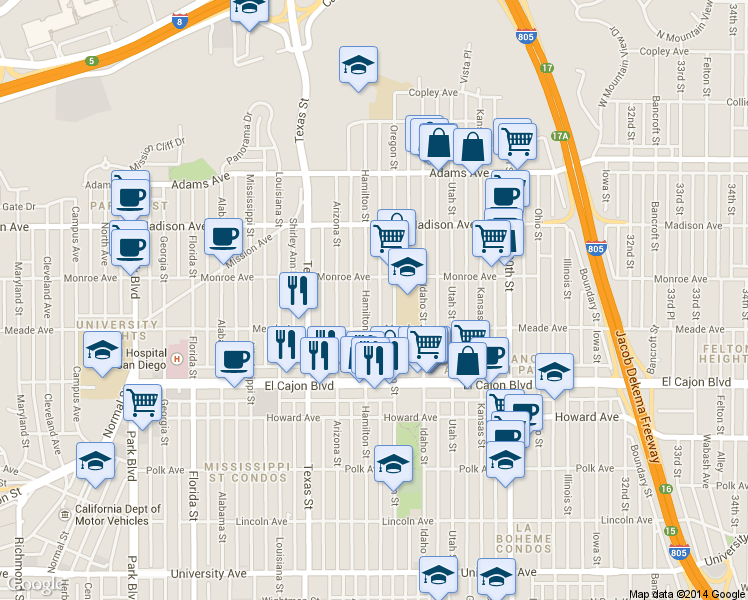 map of restaurants, bars, coffee shops, grocery stores, and more near 4472 Hamilton Street in San Diego