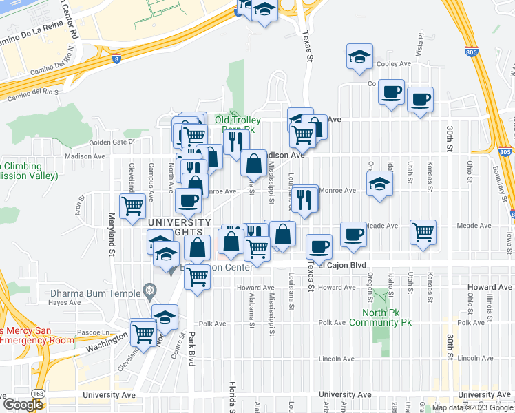 map of restaurants, bars, coffee shops, grocery stores, and more near 4468 Alabama Street in San Diego