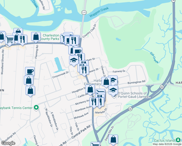map of restaurants, bars, coffee shops, grocery stores, and more near 403 Martello Drive in Charleston