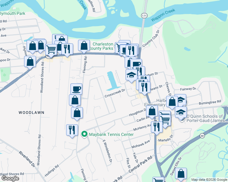 map of restaurants, bars, coffee shops, grocery stores, and more near 36 Crosscreek Drive in Charleston