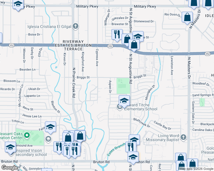 map of restaurants, bars, coffee shops, grocery stores, and more near 2735 Aspen Drive in Dallas